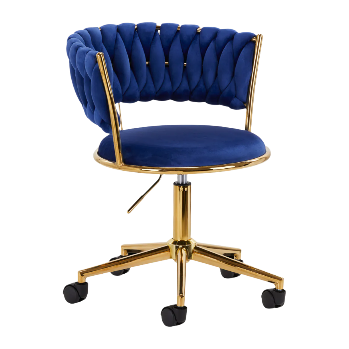 Silla terciopelo azul hidráulica con respaldo y base dorada de 5 ruedas