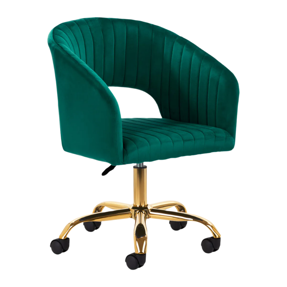 Silla terciopelo verde hidráulica con respaldo con base dorada