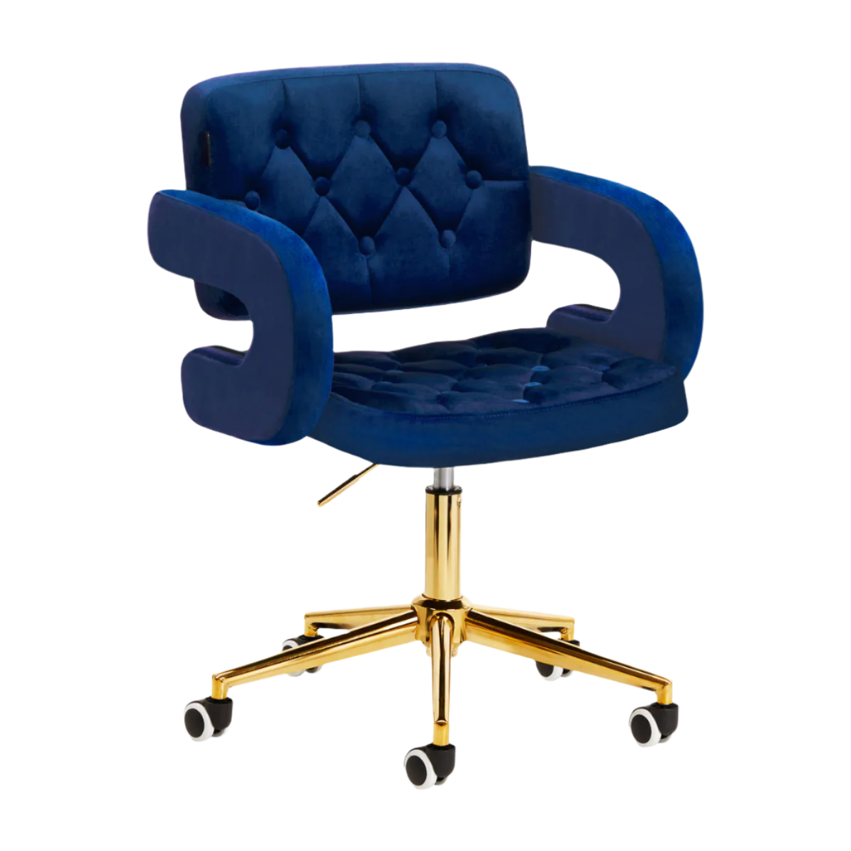 Silla azul terciopelo hidráulica con base dorada de 5 ruedas