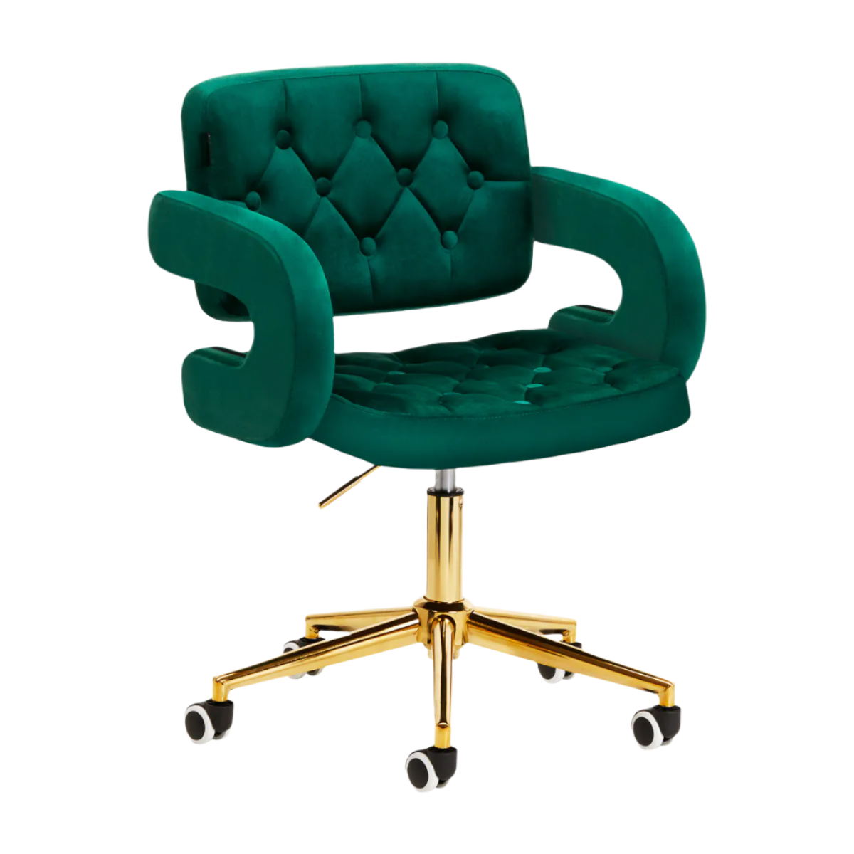 Silla verde terciopelo hidráulica con base dorada de 5 ruedas