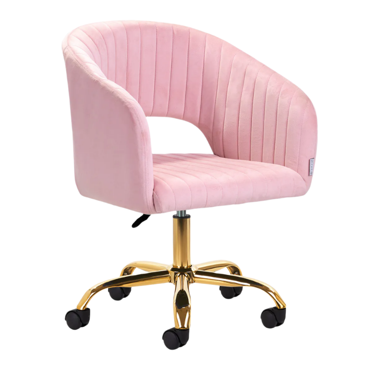 Silla terciopelo rosa hidráulica con respaldo con base dorada