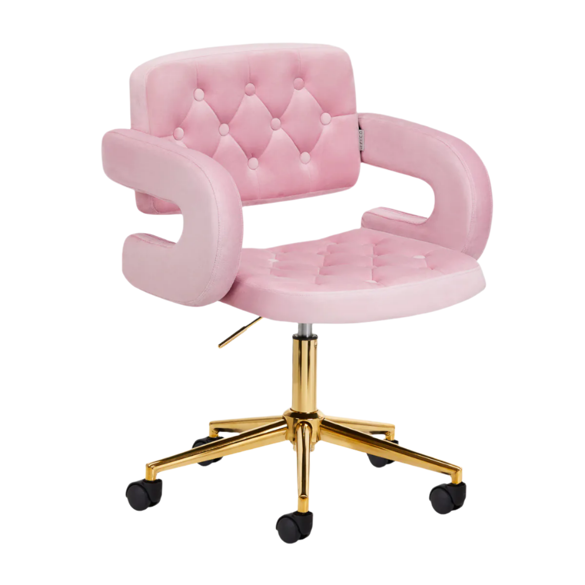 Silla rosa terciopelo hidráulica con base dorada de 5 ruedas